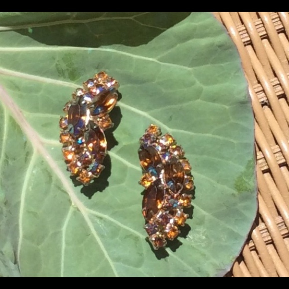 Vintage Brown and Gold Crystal Clip-On Earrings